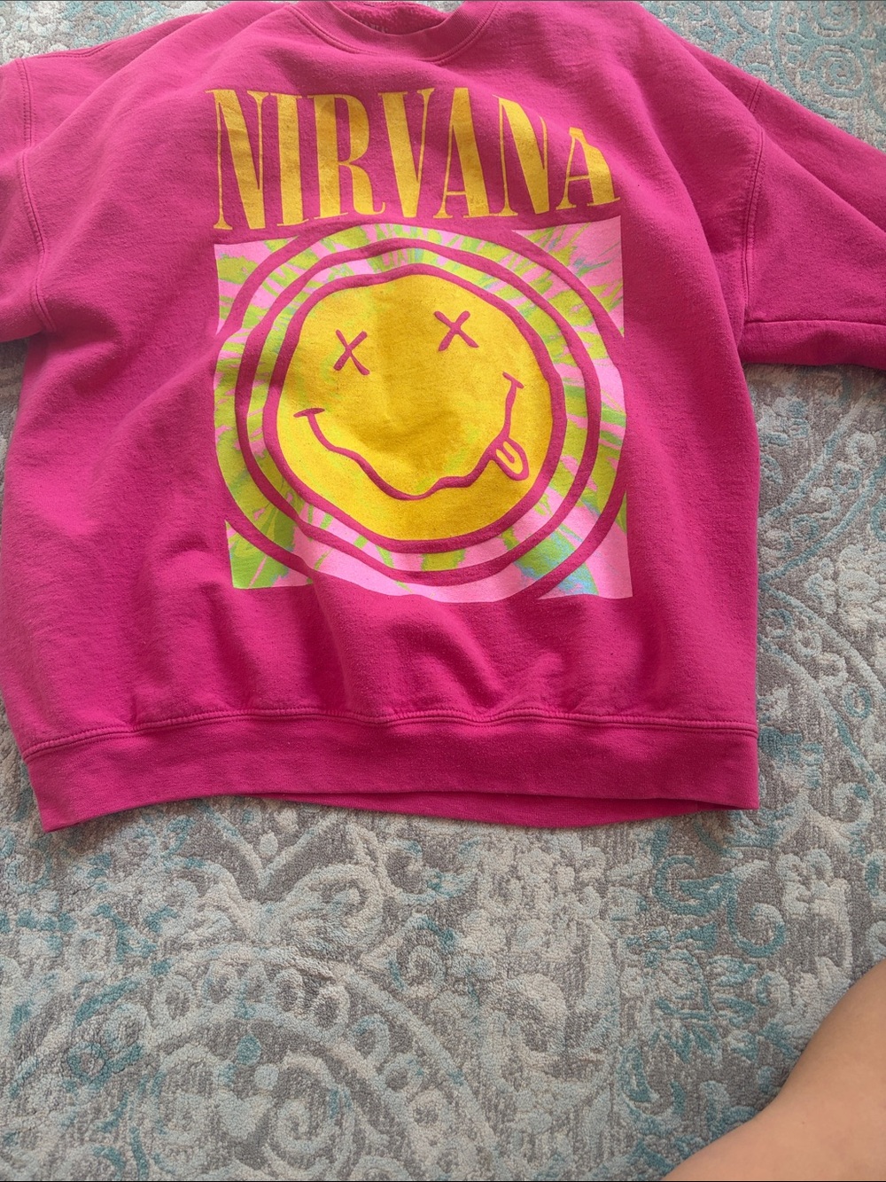 NIRVANA  Hot Pink Sweatshirt with Yellow Smiley Graphic